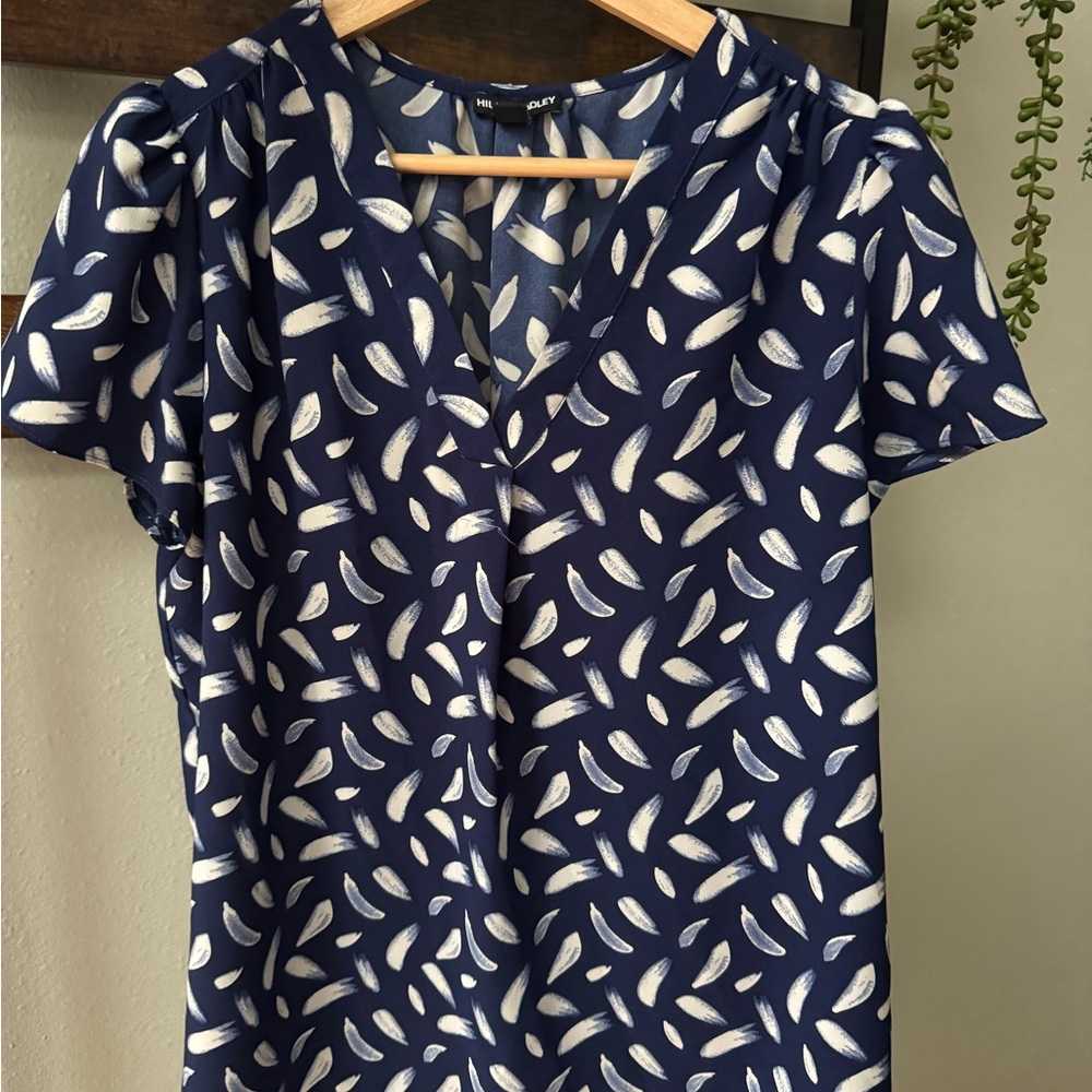 Hilary Radley Blue and White Leaf Print Blouse